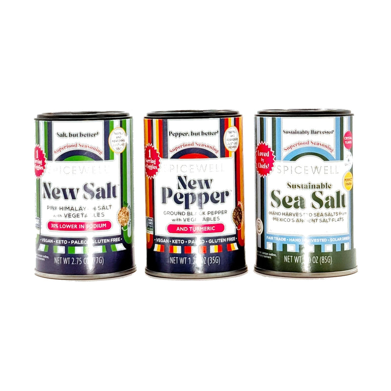Spicewell Mini Shaker trio: New Salt, New Pepper, Sea Salt